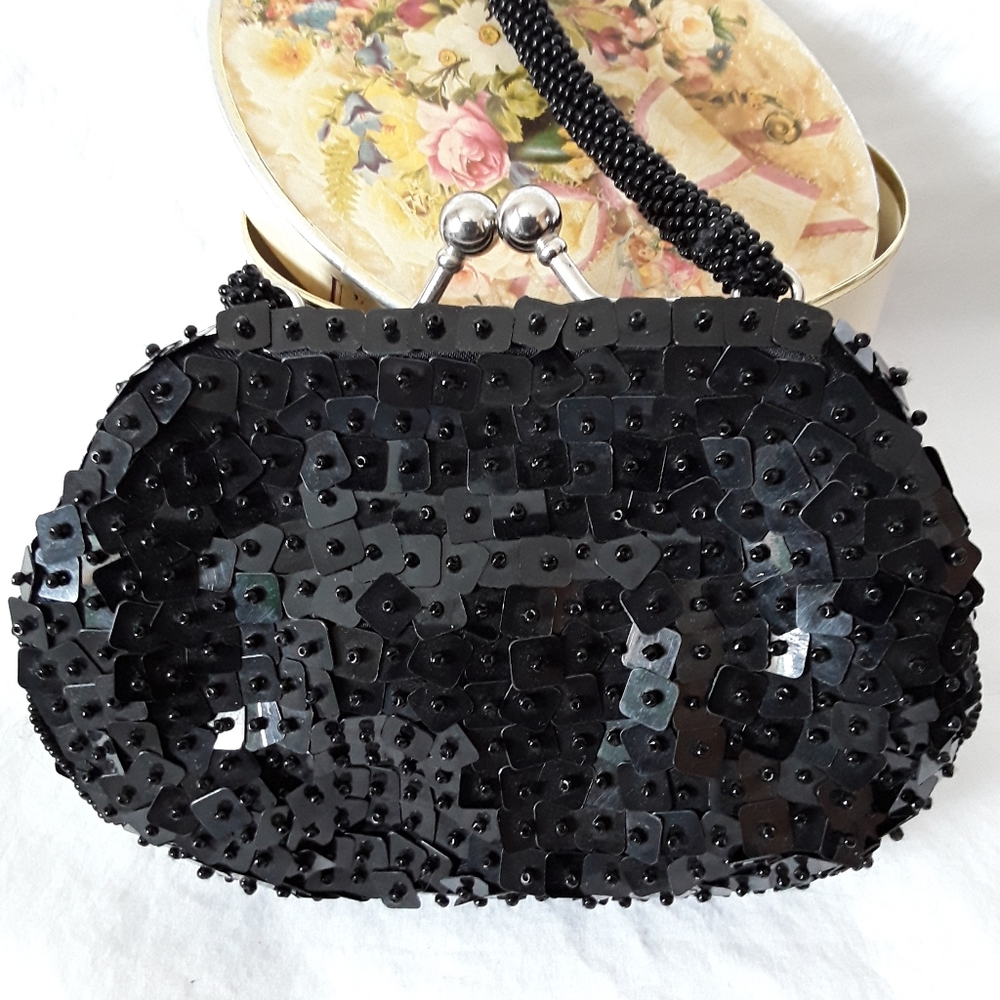 Black sequin and beaded mini purse/black lined wristlet/formal clutch/4in.x5in.